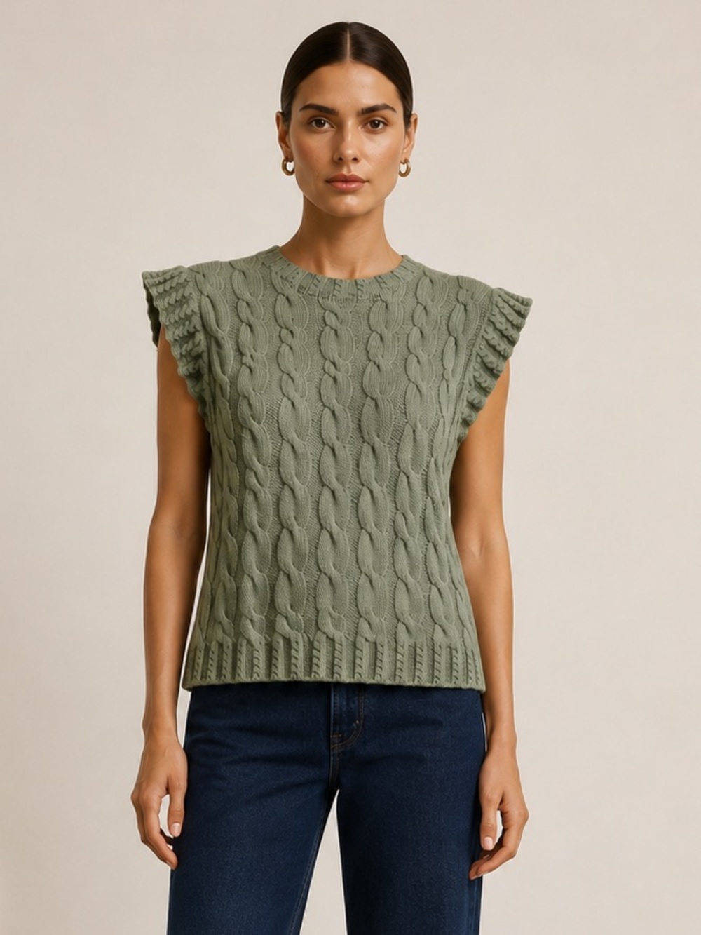 Elie Tahari sage green cable knit cap sleeve sweater variation cable. Small